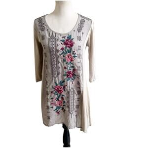 Johnny Was Mishka Rose Floral Embroidered Tunic Top Beige Size Small